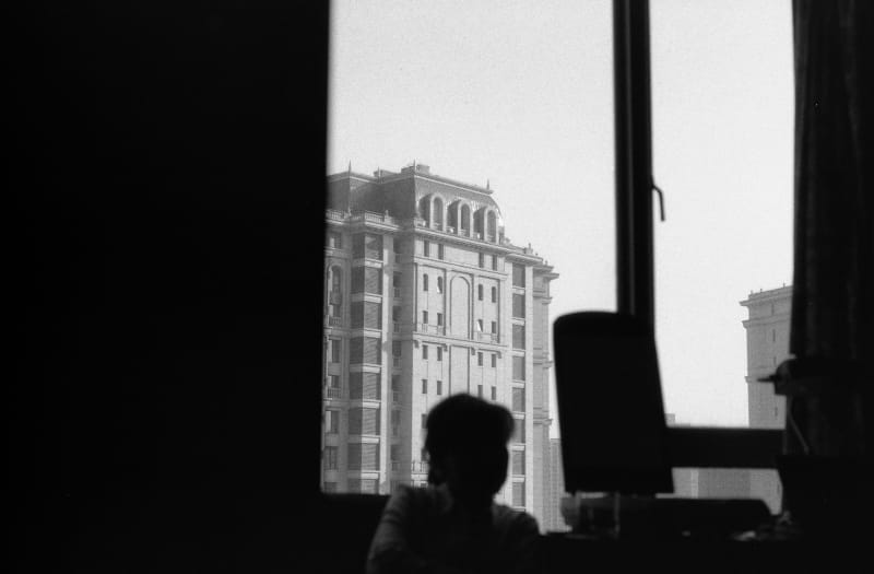 student artwork by Joey Zheng untitled. a black-and-white photograph of a building from an interior view